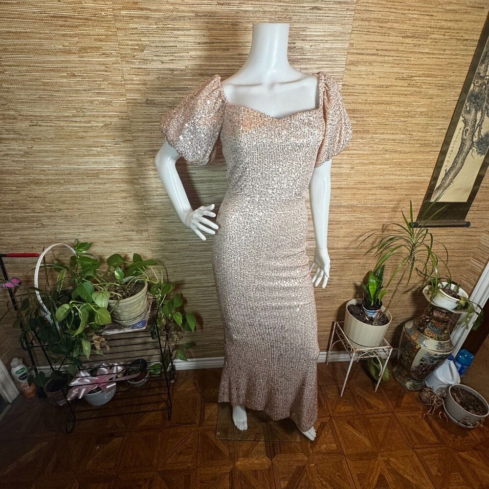 Stilletto’s Champagne Sequin Evening Gown Cocktail Dress Size S